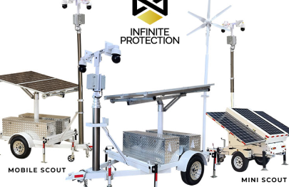 A logo of Infinite Protection LTD with all of the different versions of the Mobile Security Trailer.